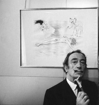 Salvador Dali posing in front of his Mythology  series etching Hypnos in Paris 1964